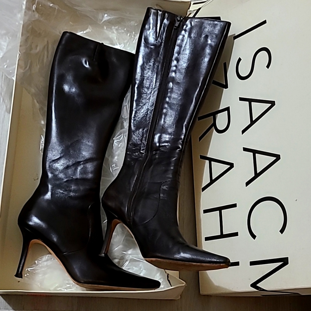 Isaac Mizrahi leather boots dark brown stiletto heels 7.5 Italy